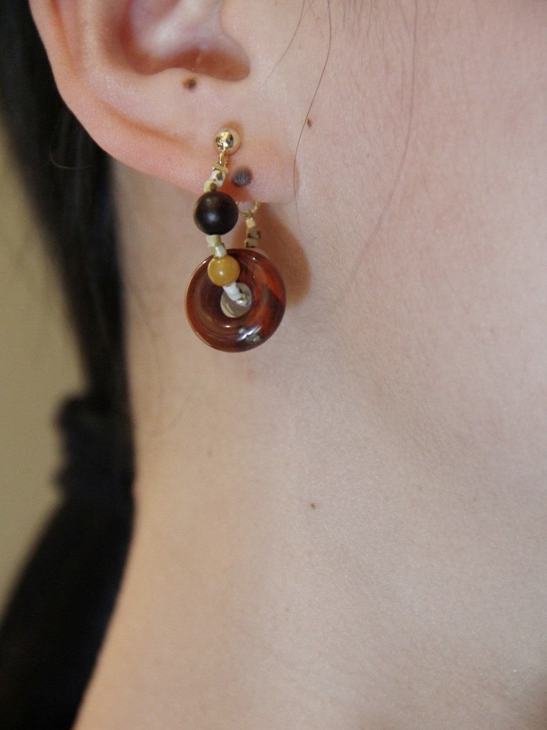 Natural Jade Sandalwood Beaded Hoop Earrings