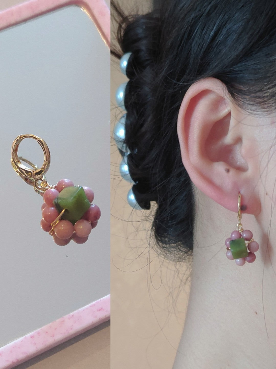 Summer Girly Pink Green Flower Earrings