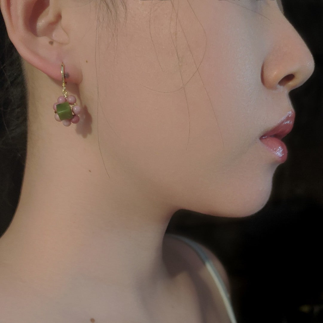 Summer Girly Pink Green Flower Earrings