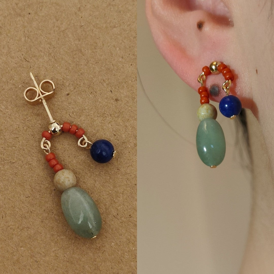 Natural Jade Lapis Lazuli Asymmetrical Beaded Earrings