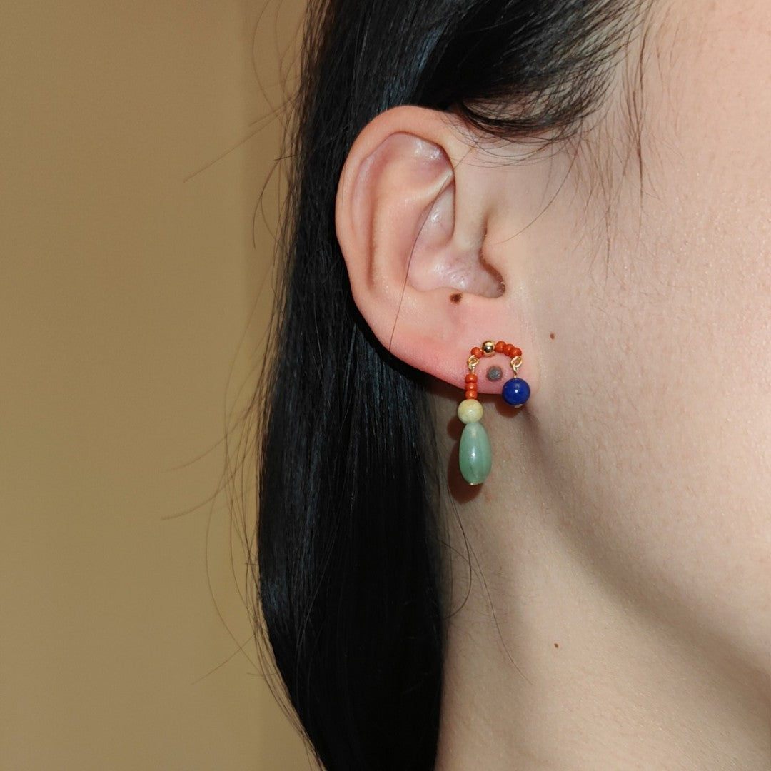 Natural Jade Lapis Lazuli Asymmetrical Beaded Earrings
