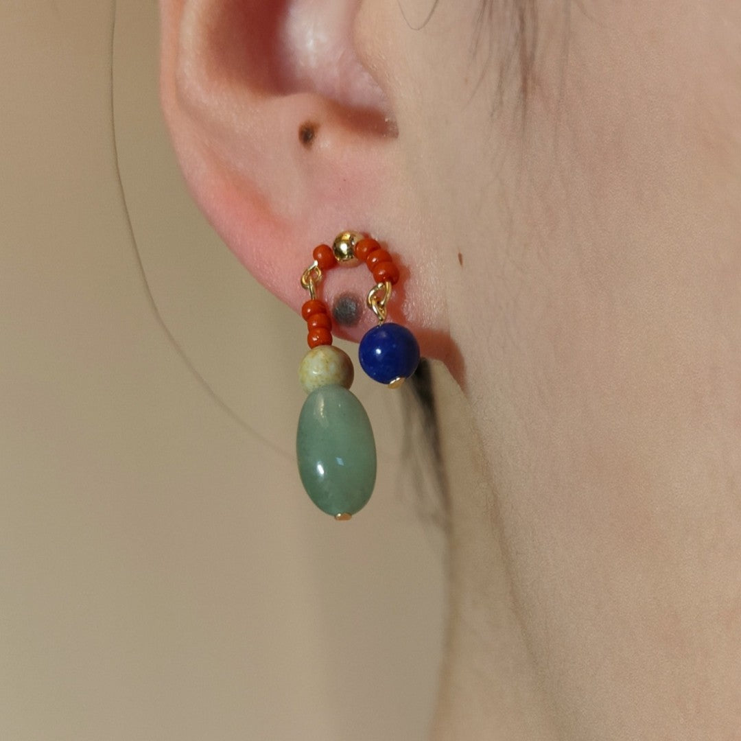 Natural Jade Lapis Lazuli Asymmetrical Beaded Earrings