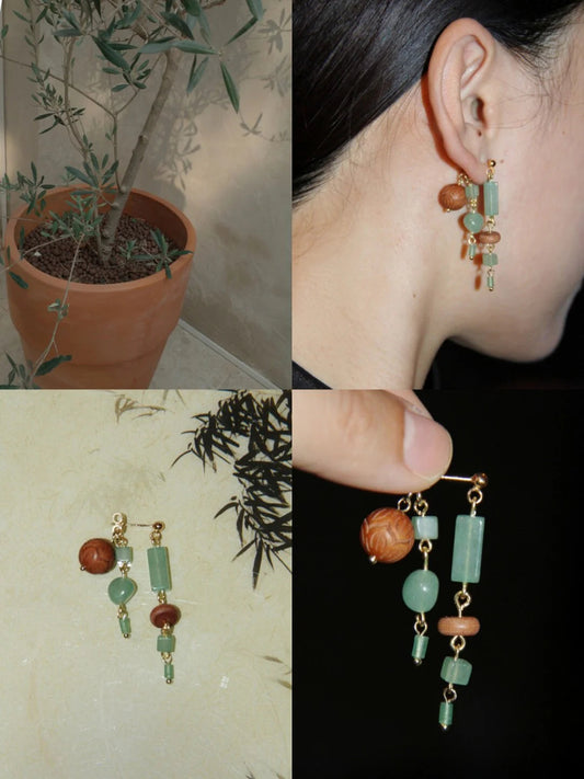 Natural Jade Sandalwood Beaded Dangle Earrings