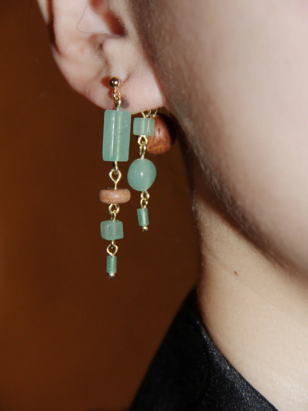 Natural Jade Sandalwood Beaded Dangle Earrings