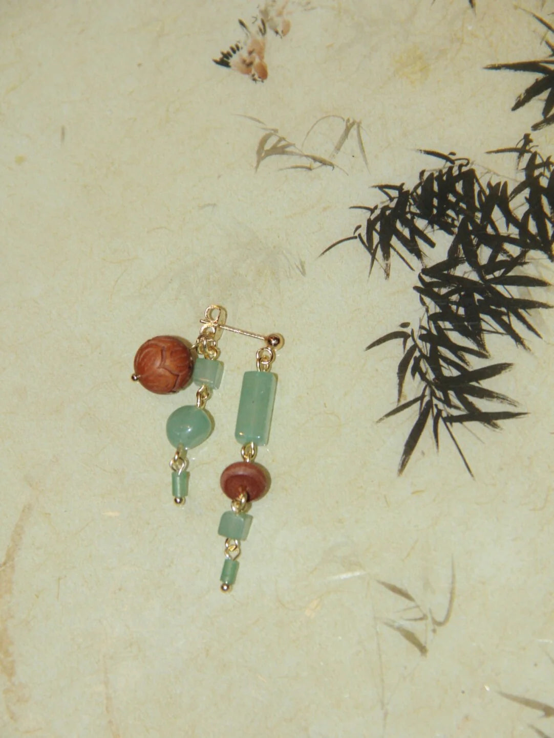Natural Jade Sandalwood Beaded Dangle Earrings