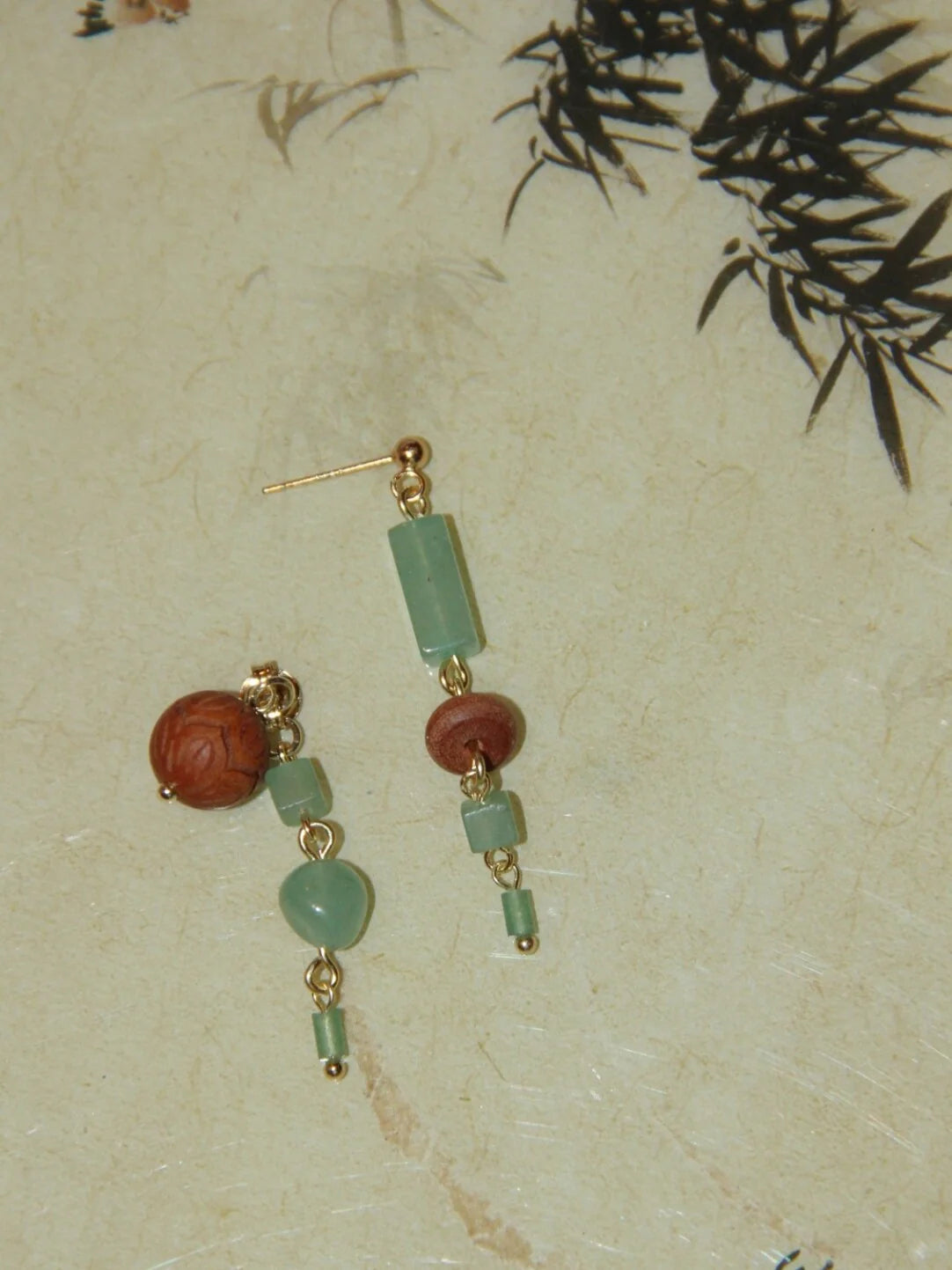 Natural Jade Sandalwood Beaded Dangle Earrings