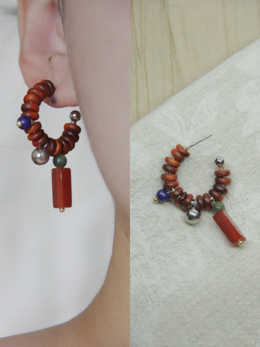 Sandalwood Red Agate Jade Beaded Hoop Earrings