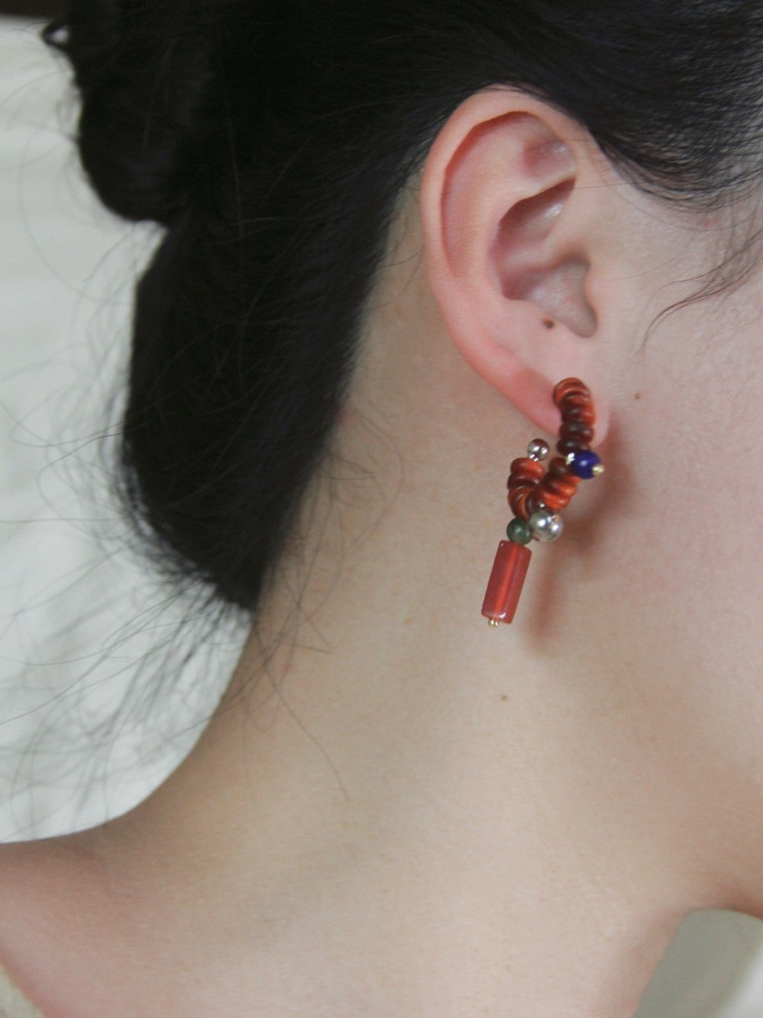 Sandalwood Red Agate Jade Beaded Hoop Earrings
