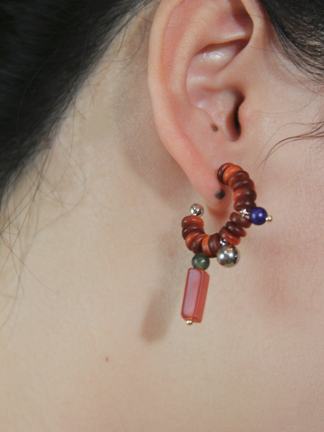 Sandalwood Red Agate Jade Beaded Hoop Earrings