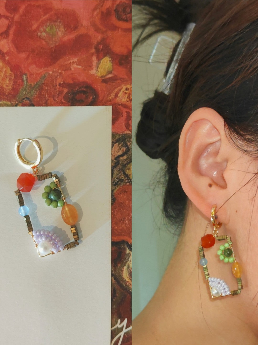 Sweet Garden Natural Stone Beaded Square Earrings