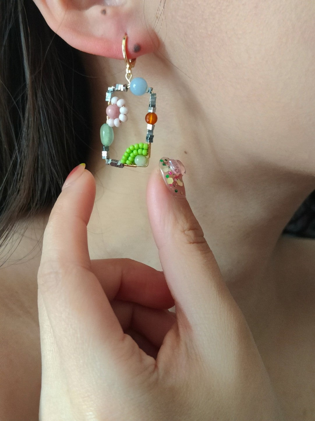 Sweet Garden Natural Stone Beaded Square Earrings