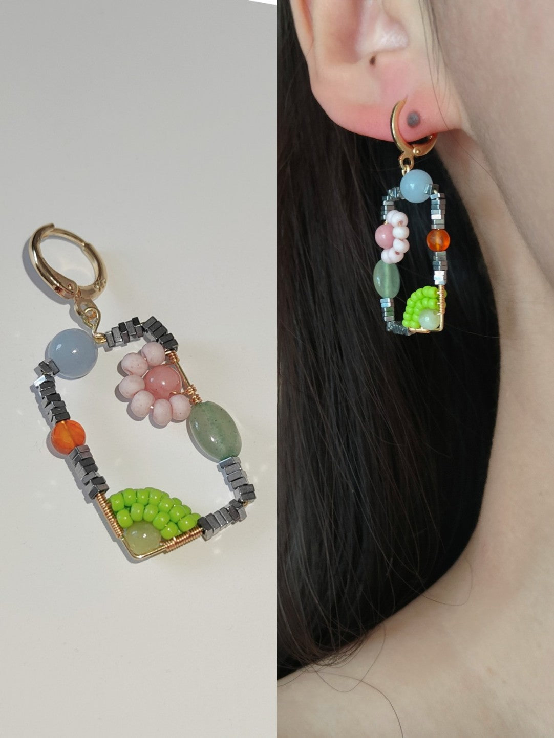 Sweet Garden Natural Stone Beaded Square Earrings