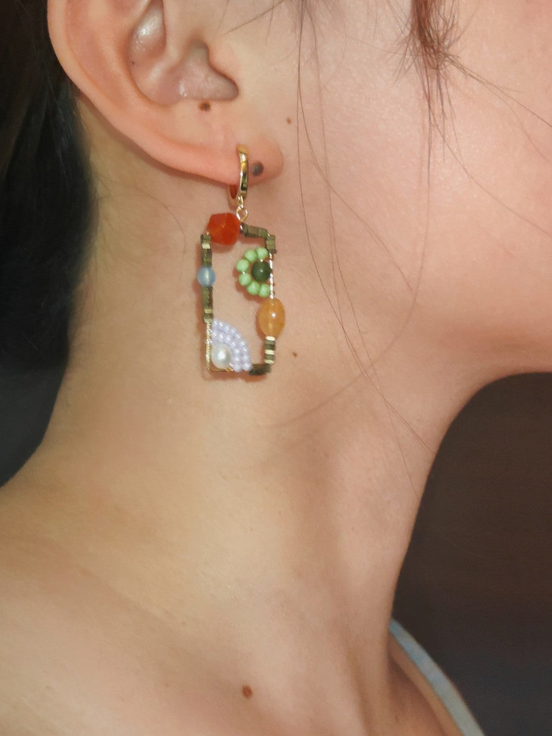 Sweet Garden Natural Stone Beaded Square Earrings