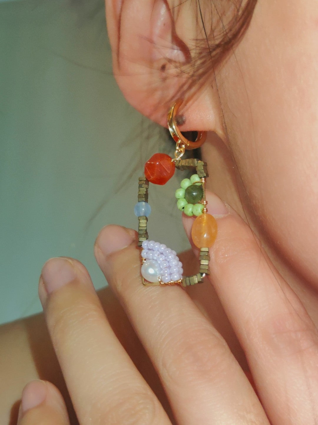 Sweet Garden Natural Stone Beaded Square Earrings