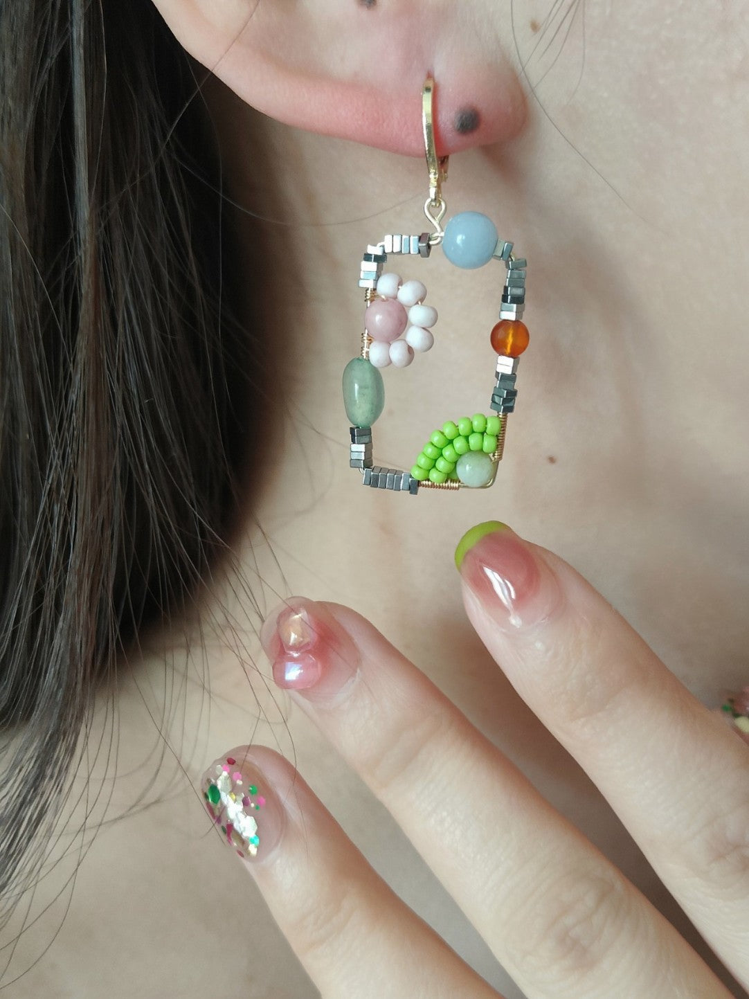 Sweet Garden Natural Stone Beaded Square Earrings