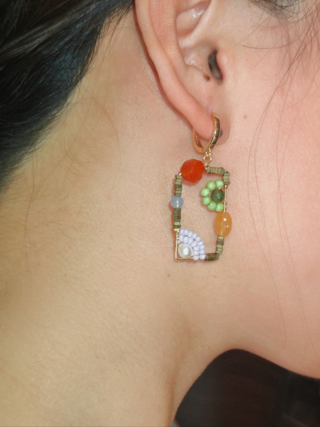 Sweet Garden Natural Stone Beaded Square Earrings