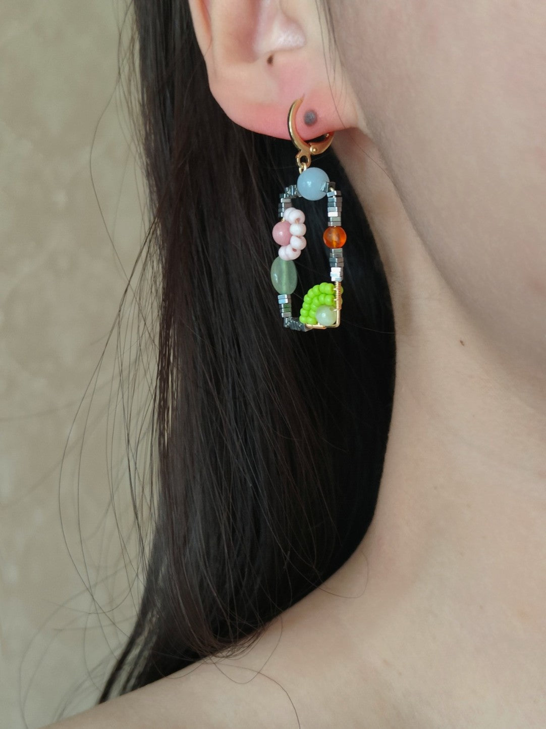 Sweet Garden Natural Stone Beaded Square Earrings