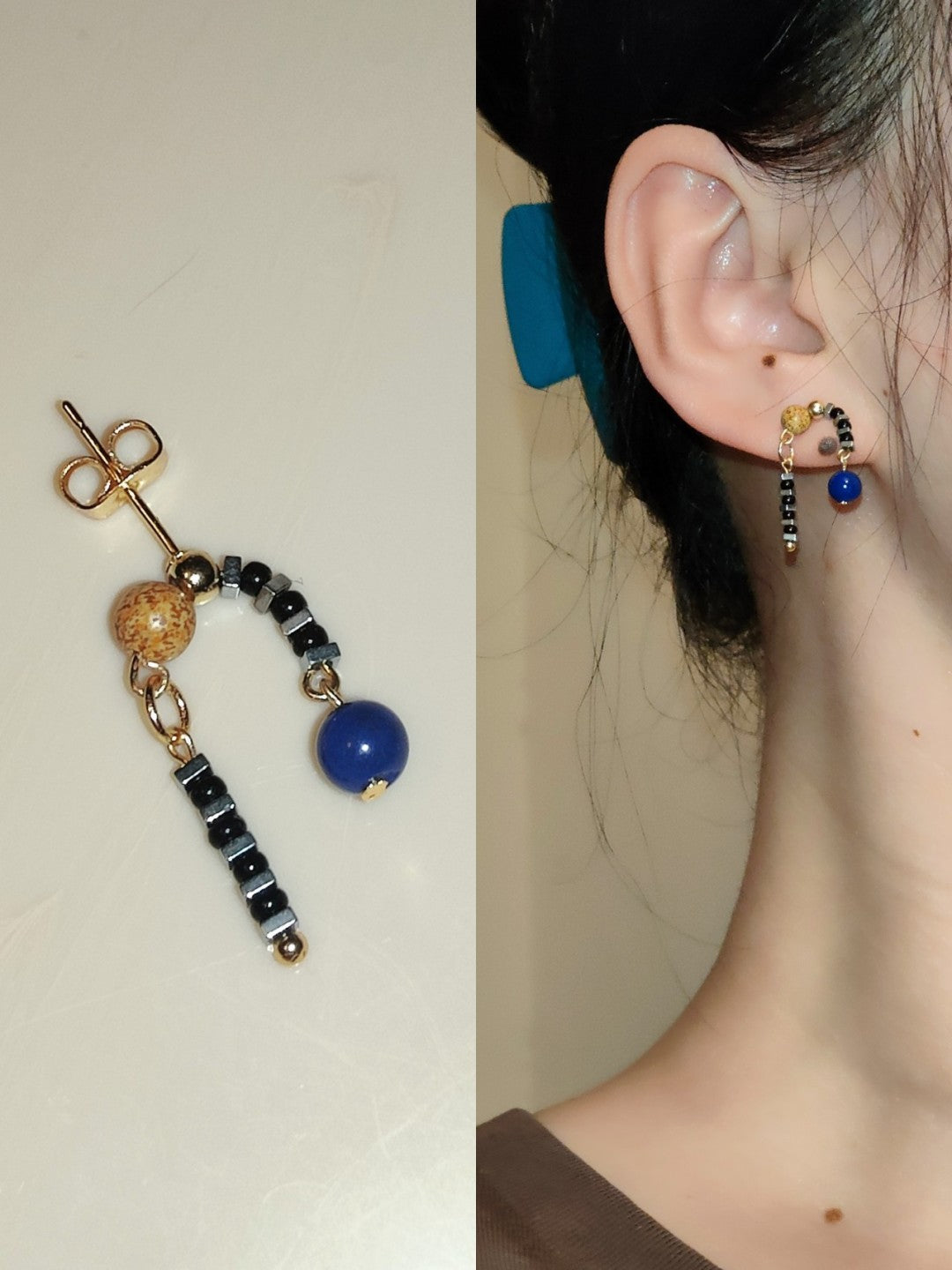 Lapis Lazuli Glass Asymmetrical Beaded Short Earrings