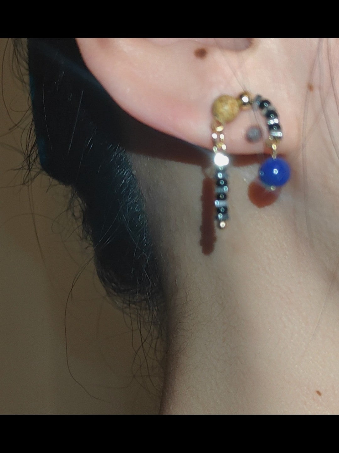 Lapis Lazuli Glass Asymmetrical Beaded Short Earrings