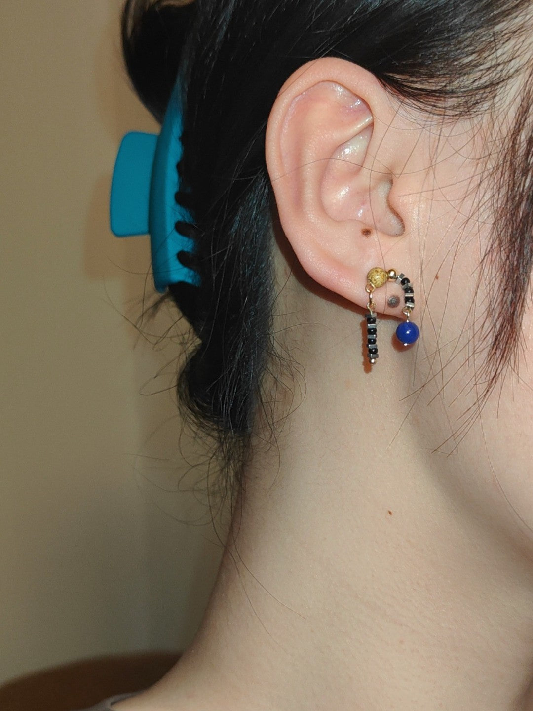Lapis Lazuli Glass Asymmetrical Beaded Short Earrings