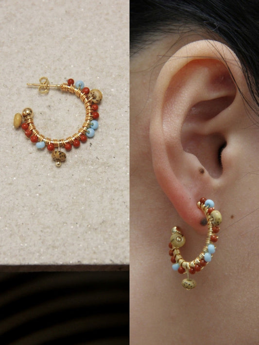 Red Agate Bodhi Seeds Beaded Hoop Earrings