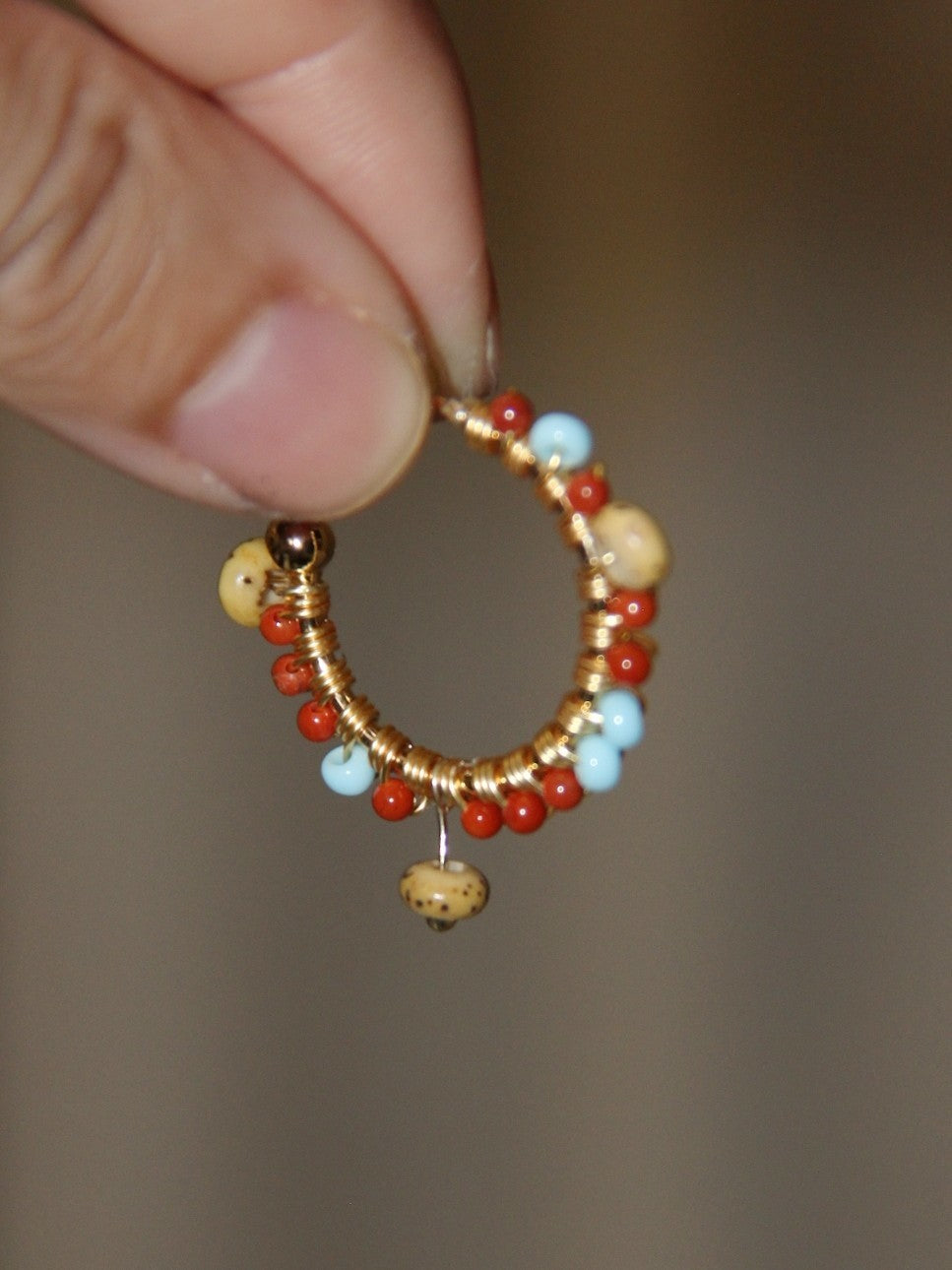 Red Agate Bodhi Seeds Beaded Hoop Earrings