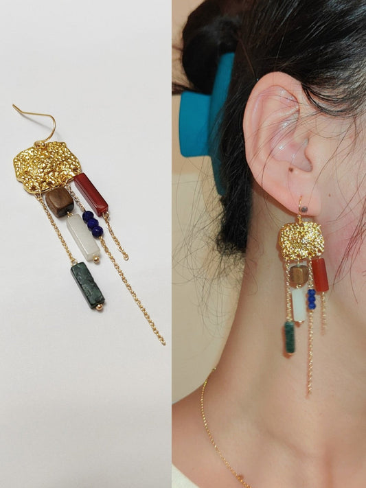 Natural Stone Sandalwood Pleated Metal Earrings