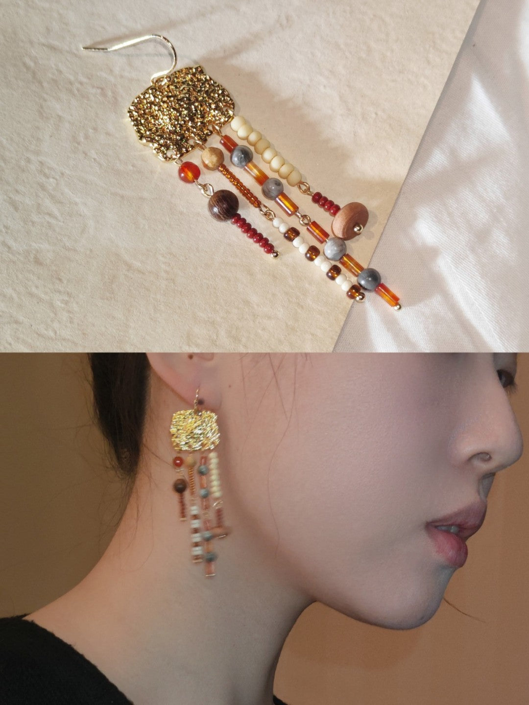 Natural Stone Sandalwood Pleated Metal Earrings