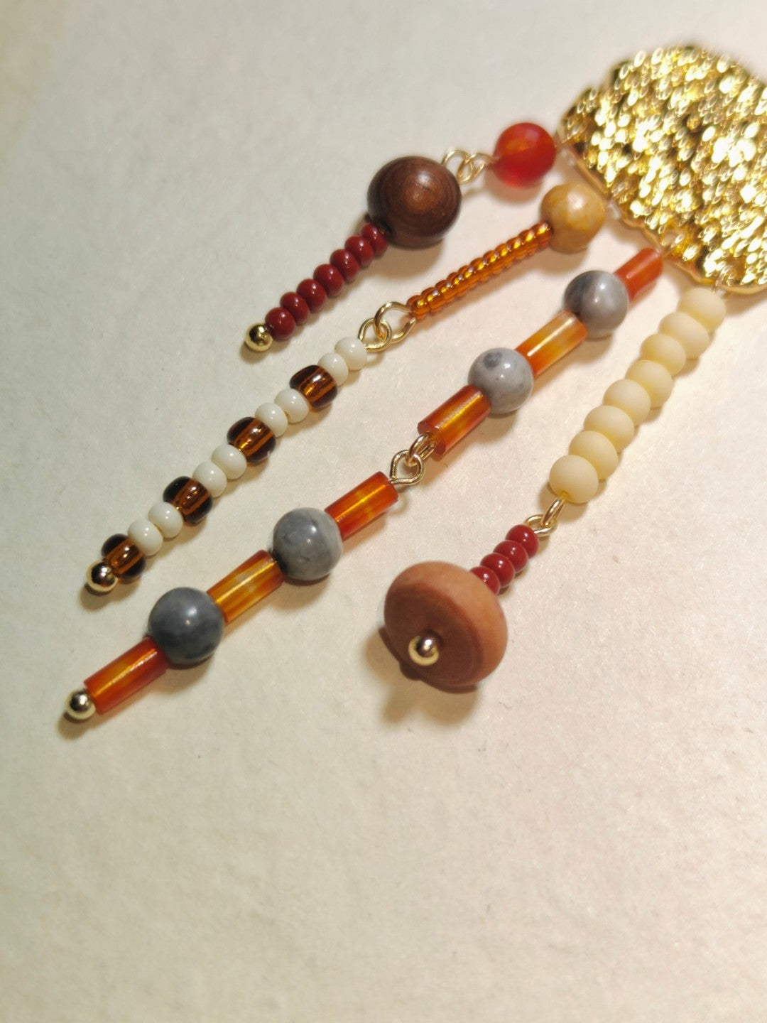 Natural Stone Sandalwood Pleated Metal Earrings