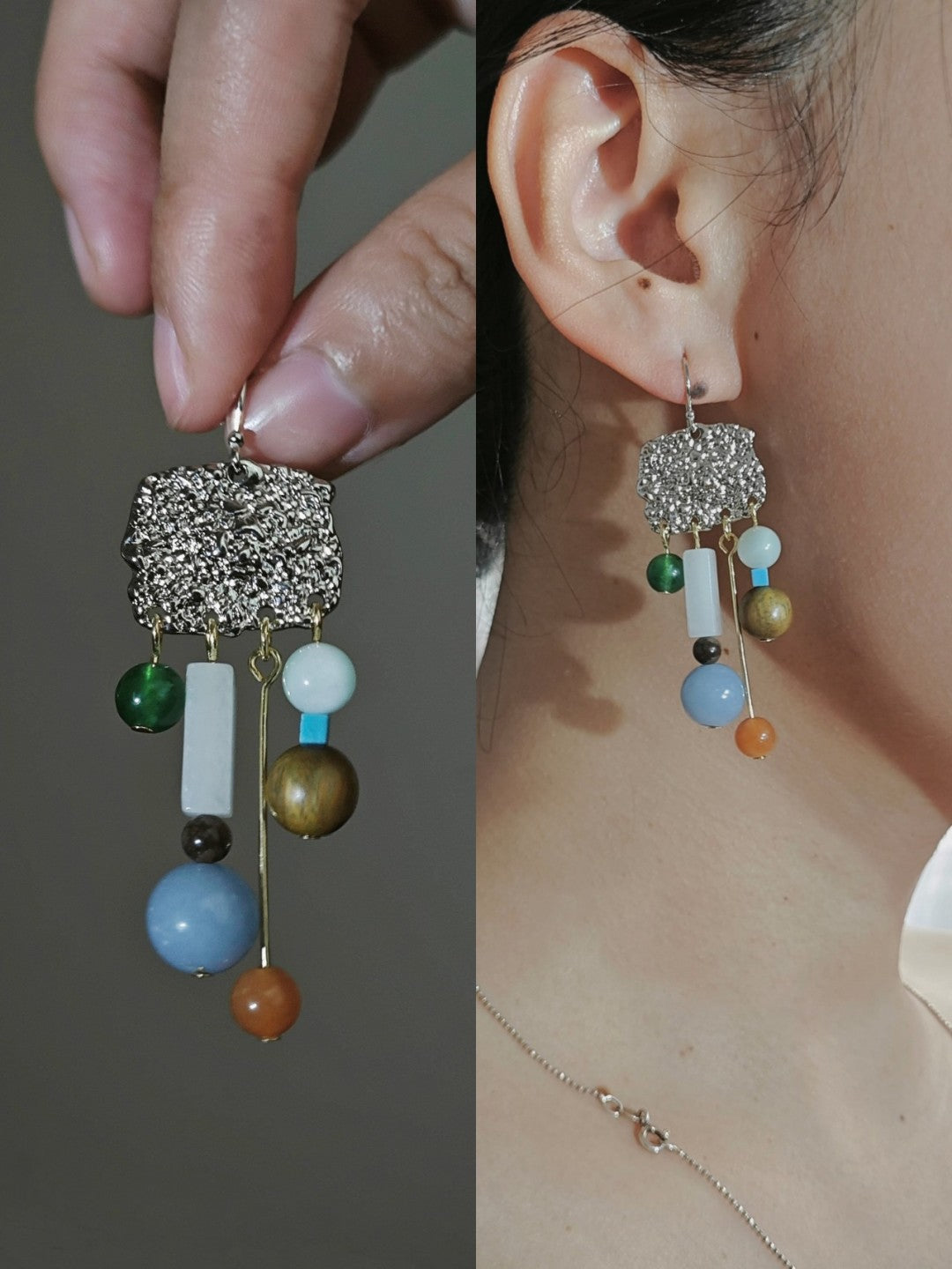 Natural Stone Sandalwood Pleated Metal Earrings