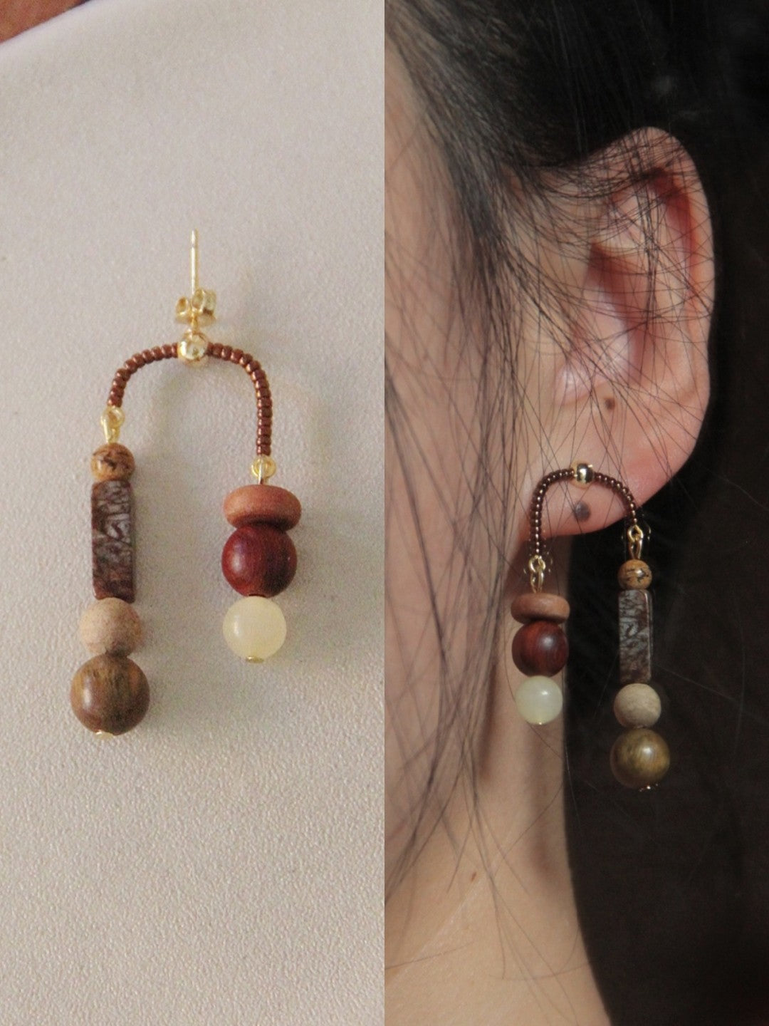 Asymmetrical Sandalwood Stone Beaded Dangle Earrings