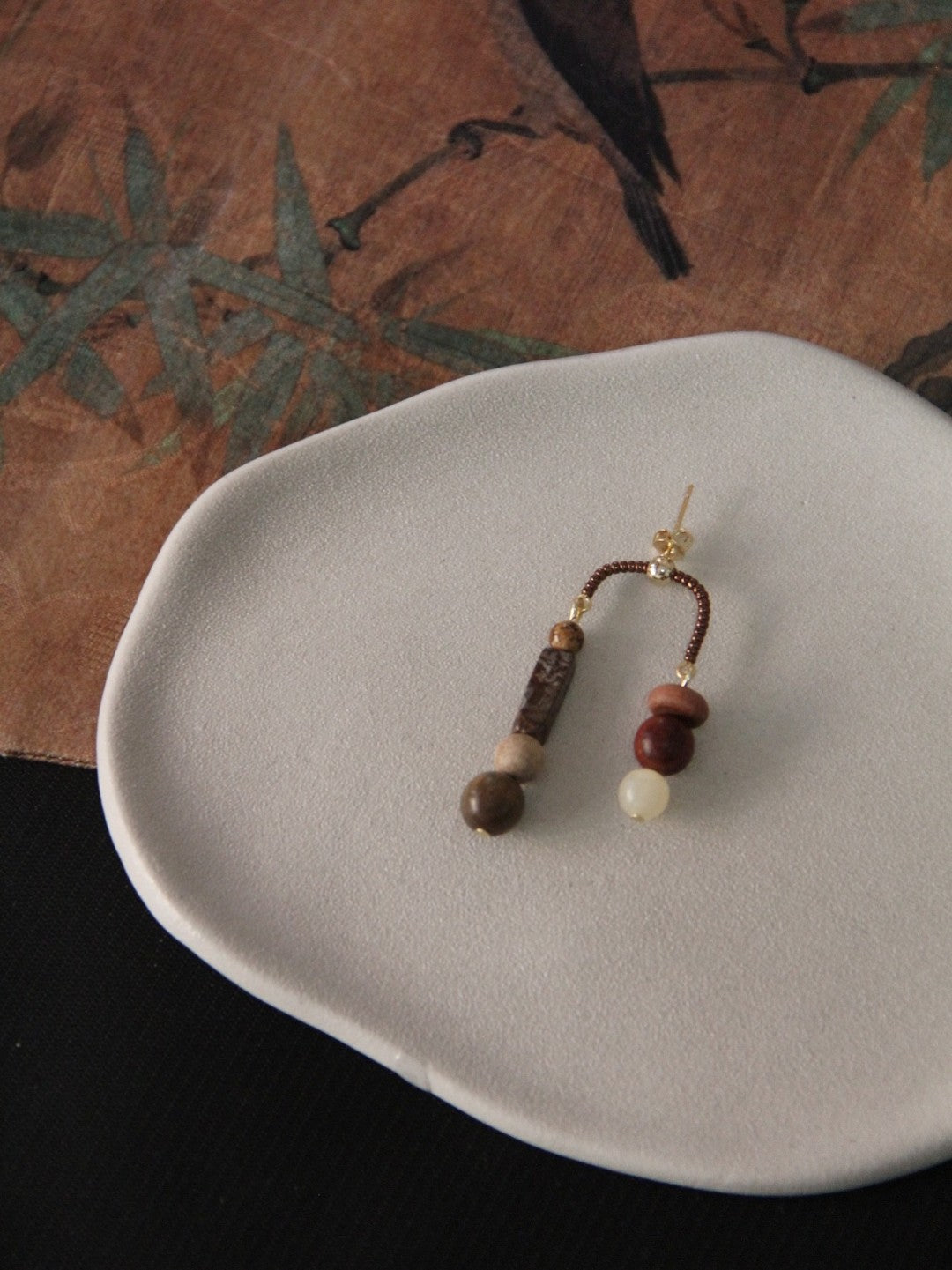 Asymmetrical Sandalwood Stone Beaded Dangle Earrings