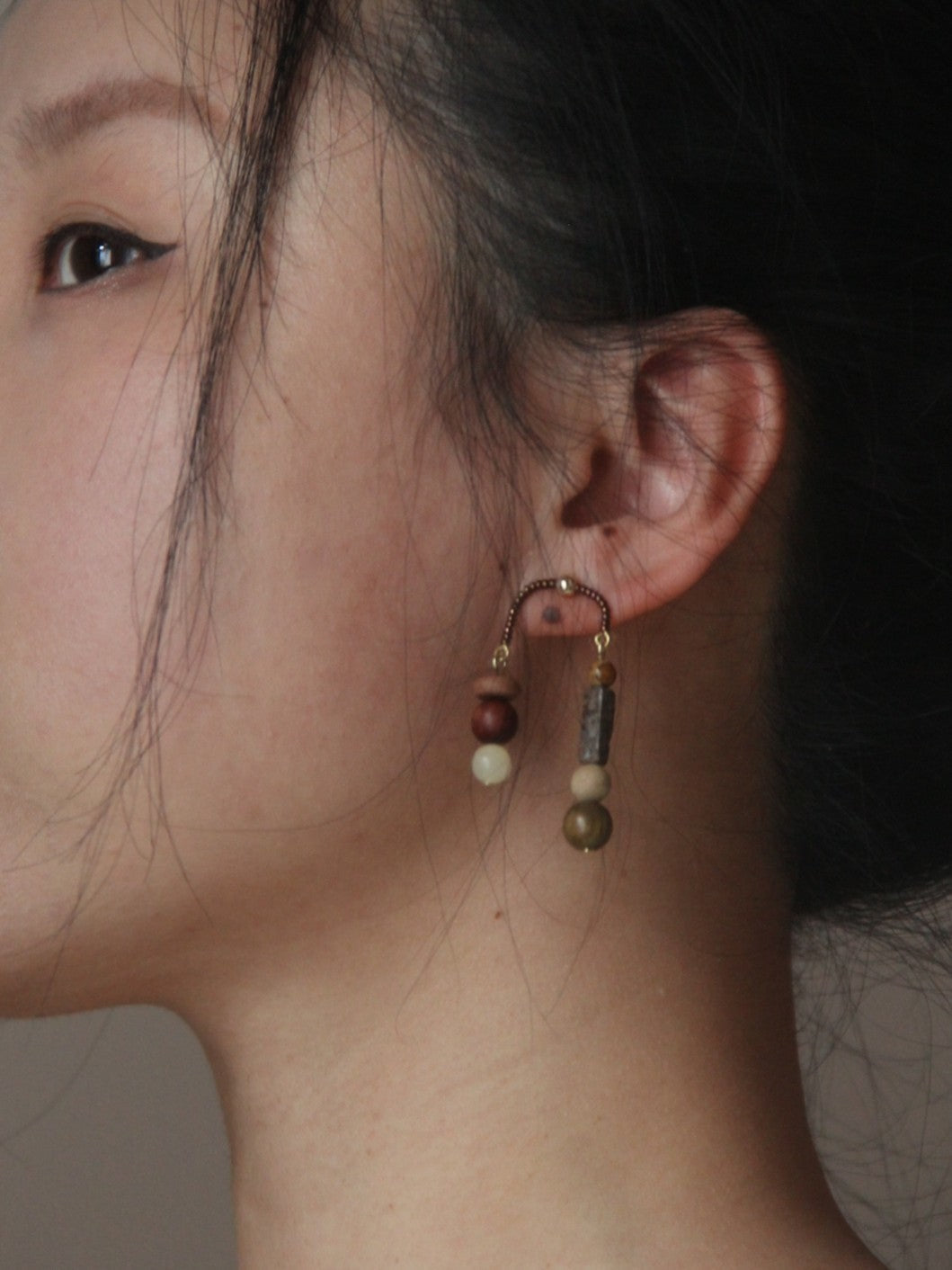Asymmetrical Sandalwood Stone Beaded Dangle Earrings