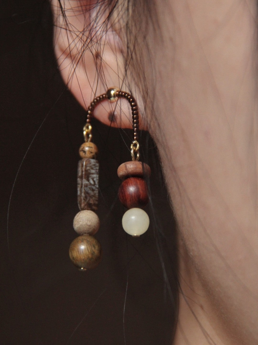 Asymmetrical Sandalwood Stone Beaded Dangle Earrings