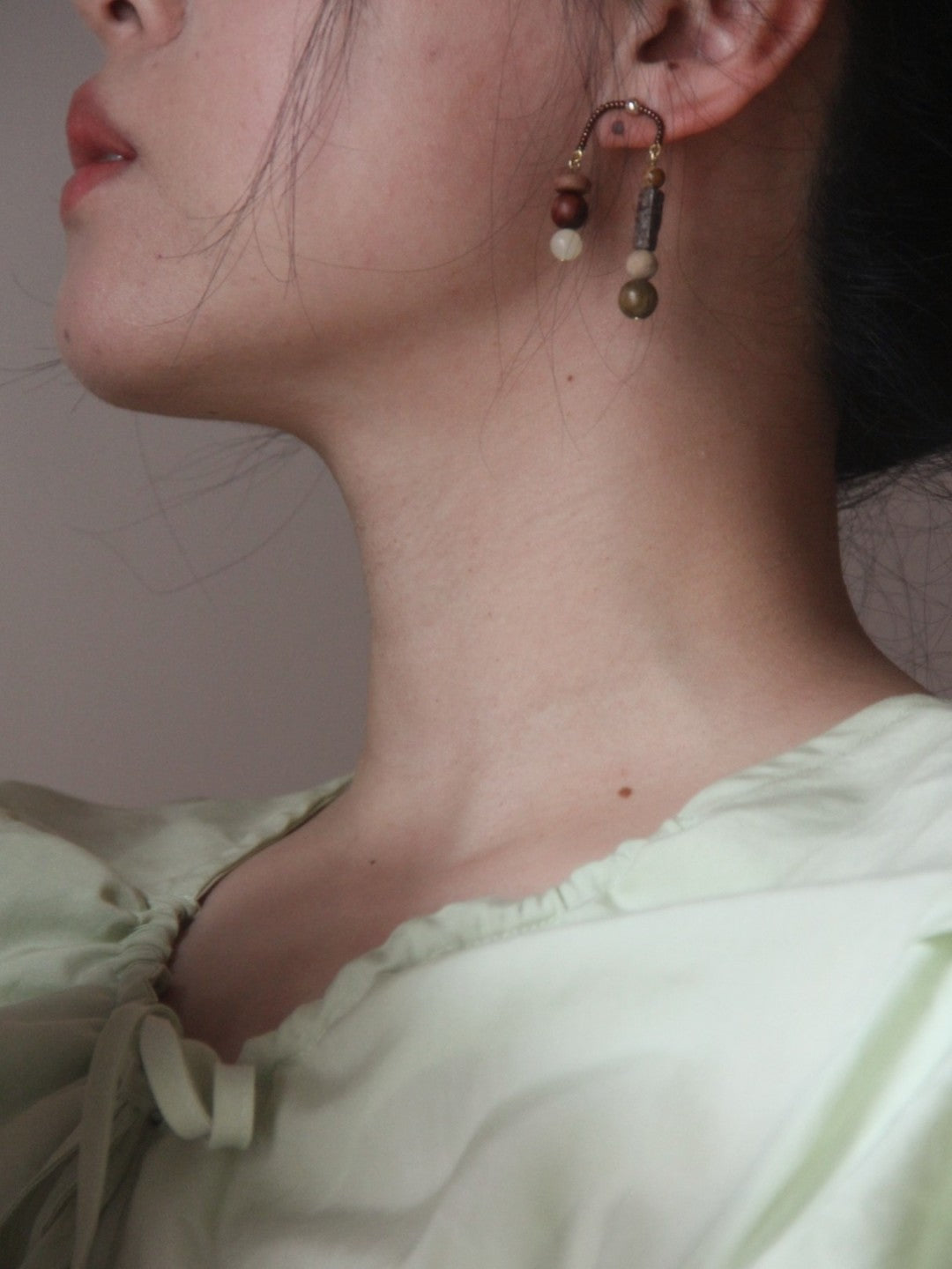 Asymmetrical Sandalwood Stone Beaded Dangle Earrings
