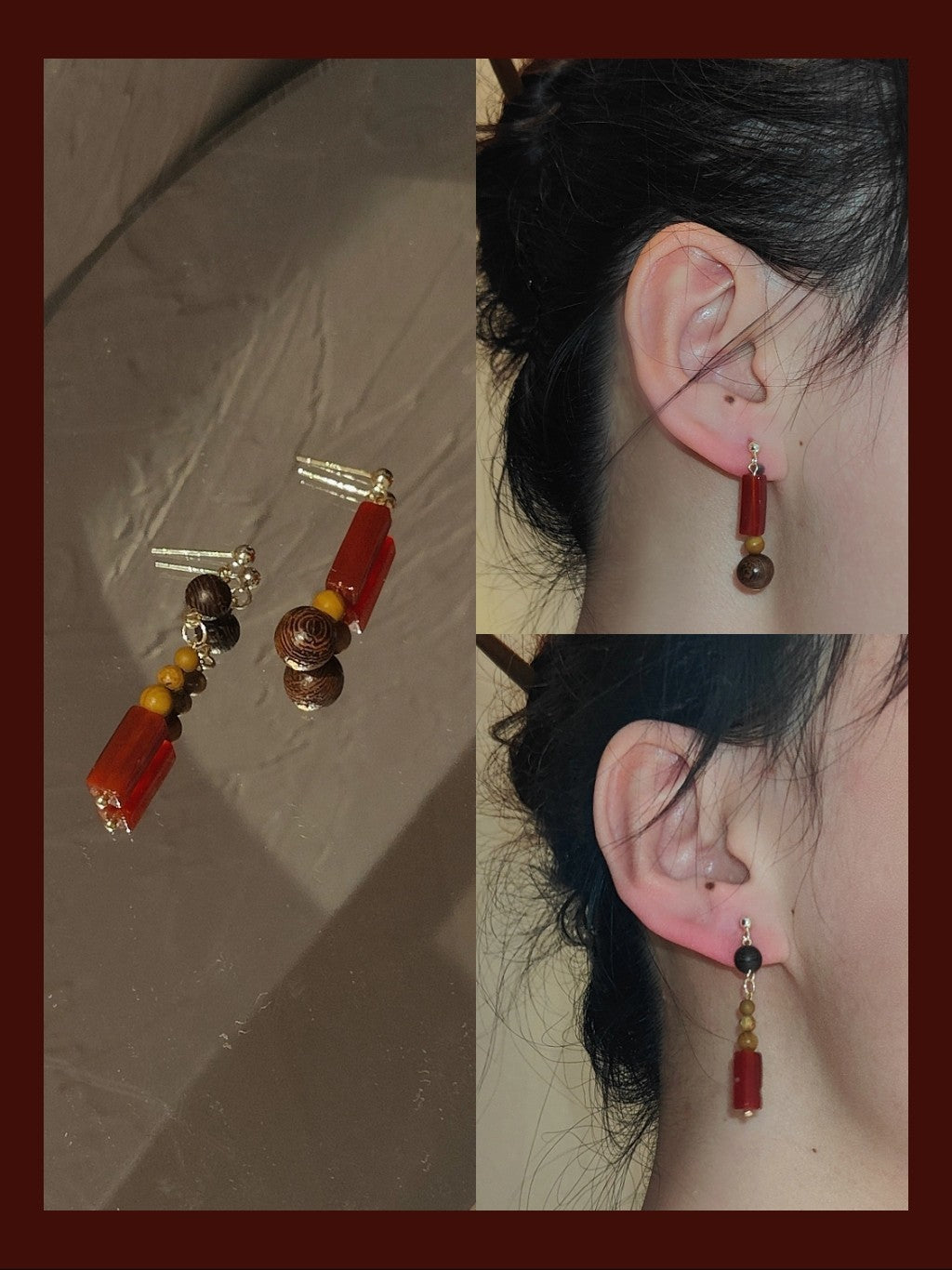 Agate Sandalwood Beaded Dangle Earrings