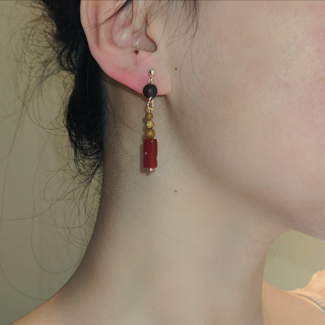 Agate Sandalwood Beaded Dangle Earrings