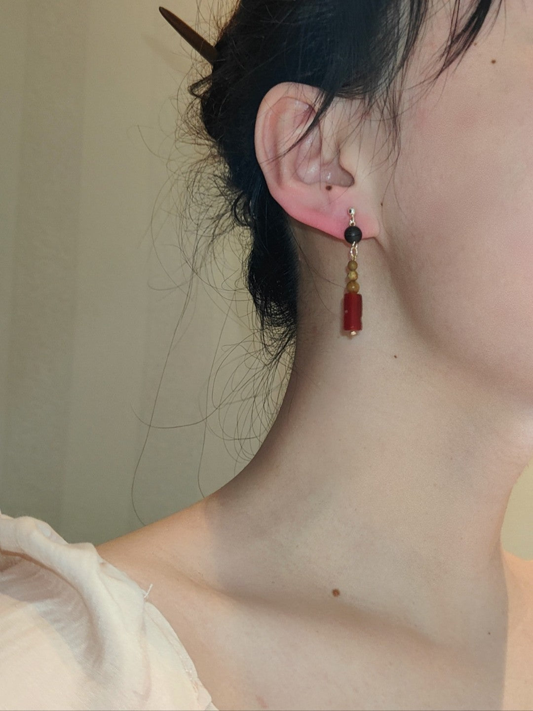 Agate Sandalwood Beaded Dangle Earrings