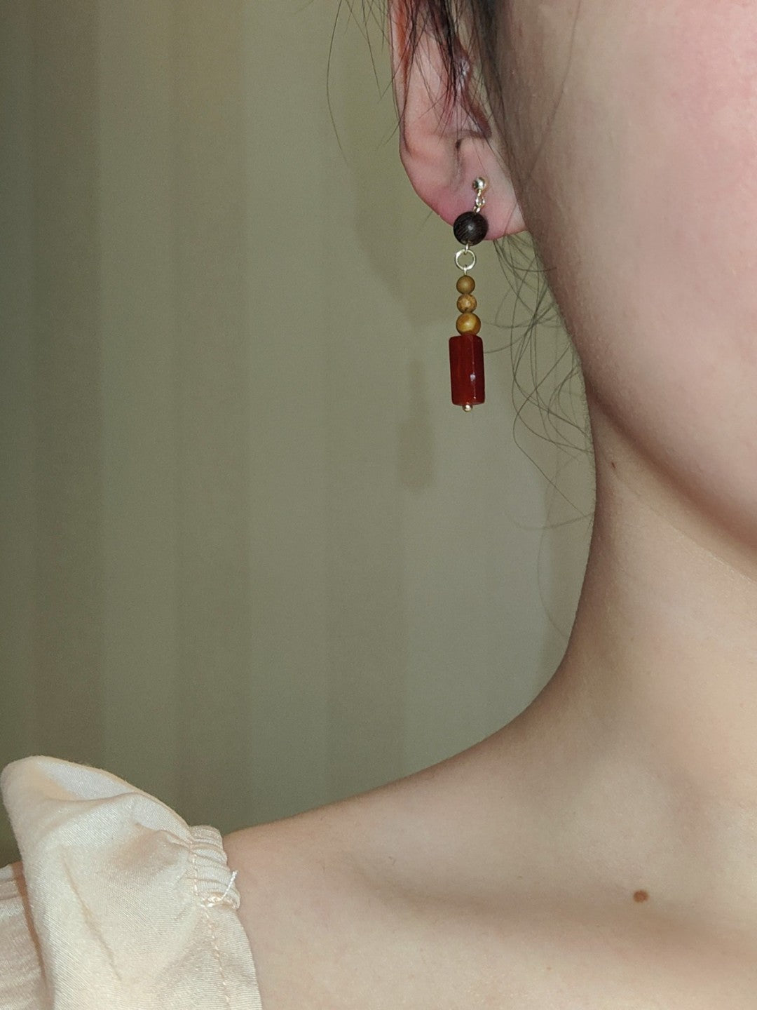 Agate Sandalwood Beaded Dangle Earrings