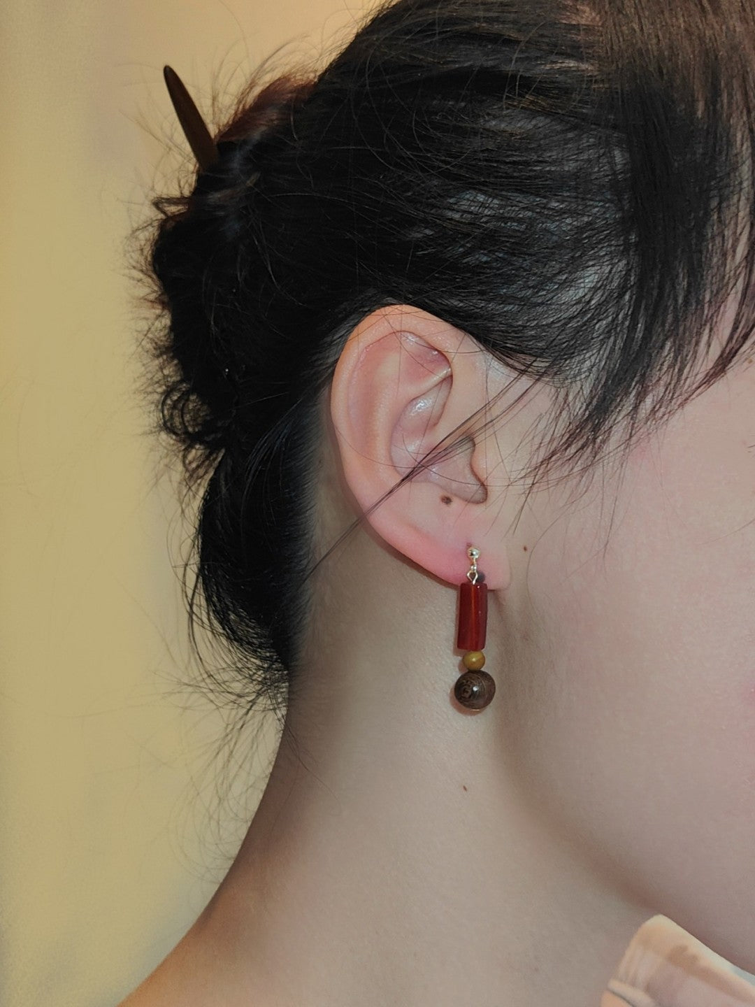 Agate Sandalwood Beaded Dangle Earrings