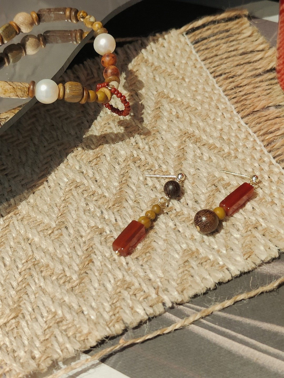 Agate Sandalwood Beaded Dangle Earrings