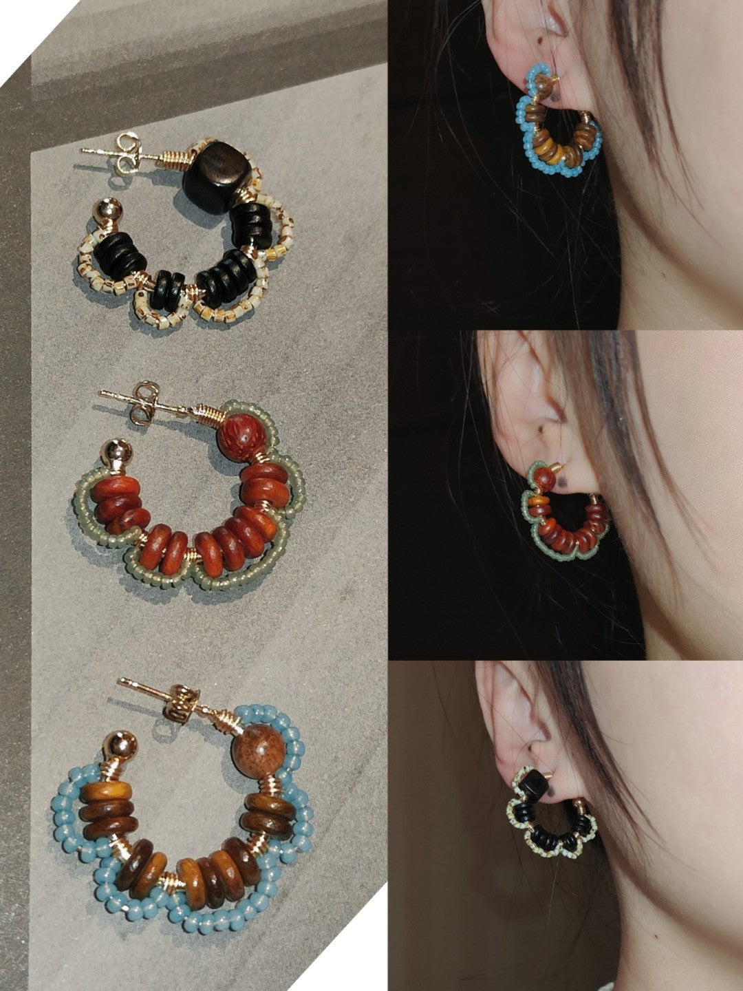 Sandalwood Flower Beaded Hoop Earrings
