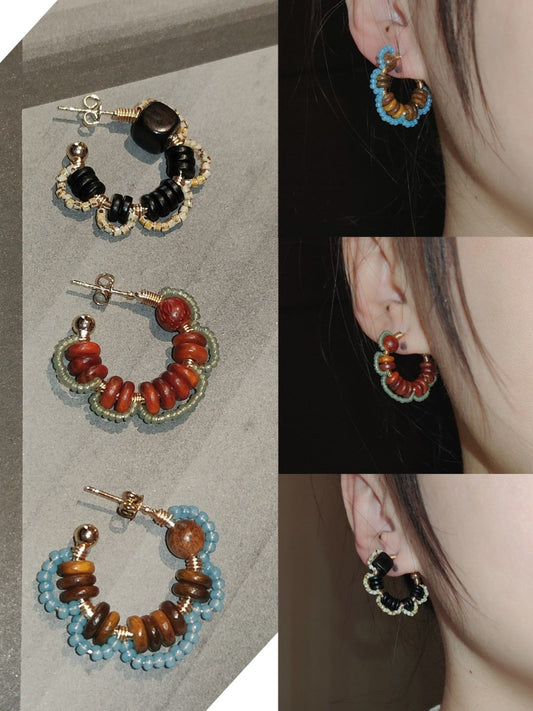 Sandalwood Flower Beaded Hoop Earrings