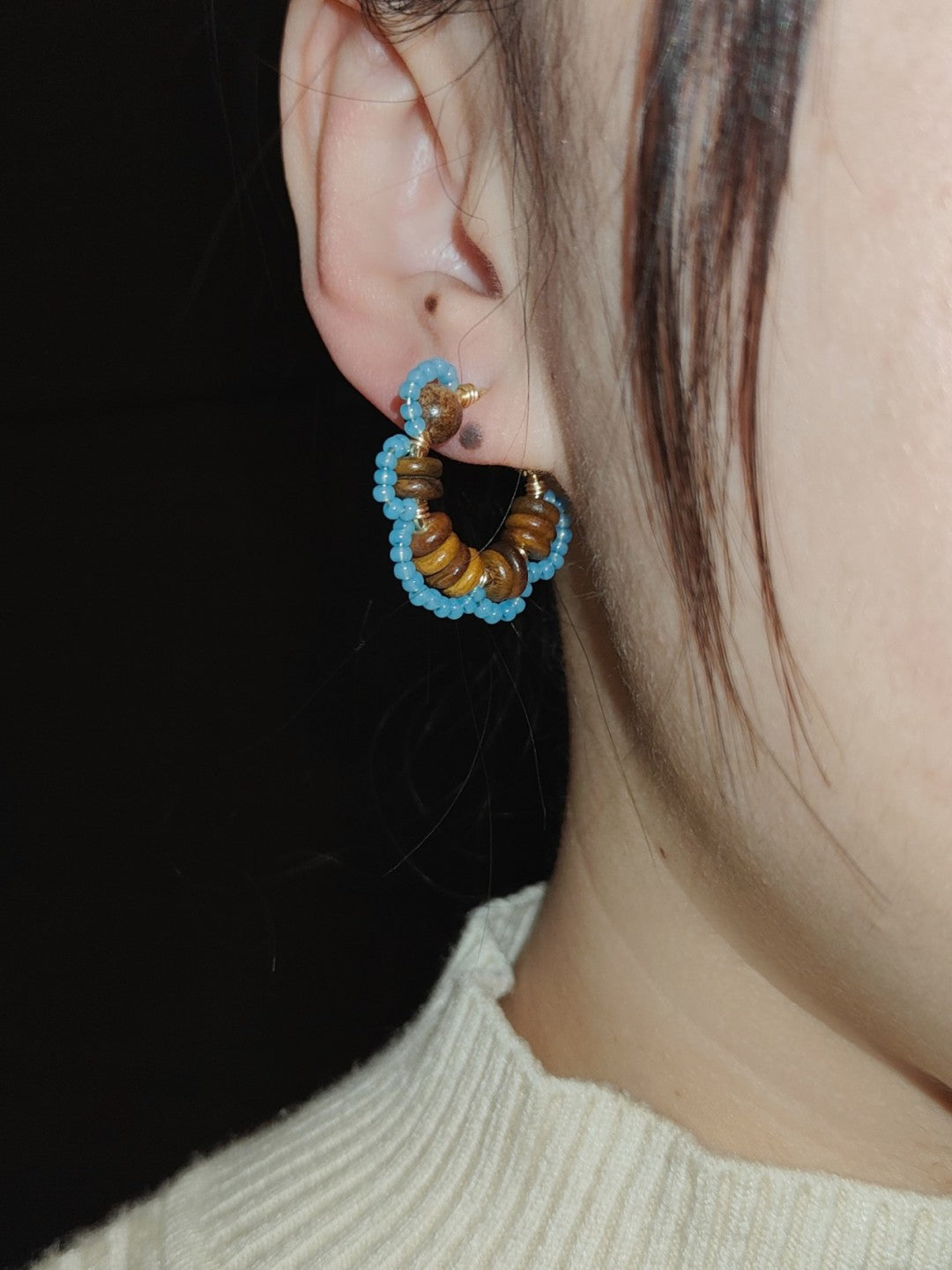 Sandalwood Flower Beaded Hoop Earrings