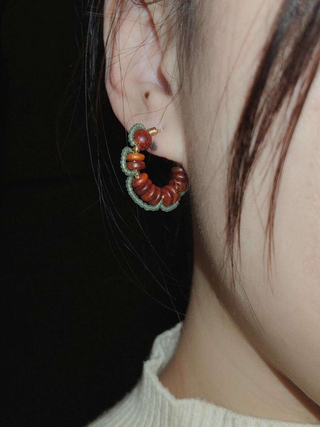 Sandalwood Flower Beaded Hoop Earrings
