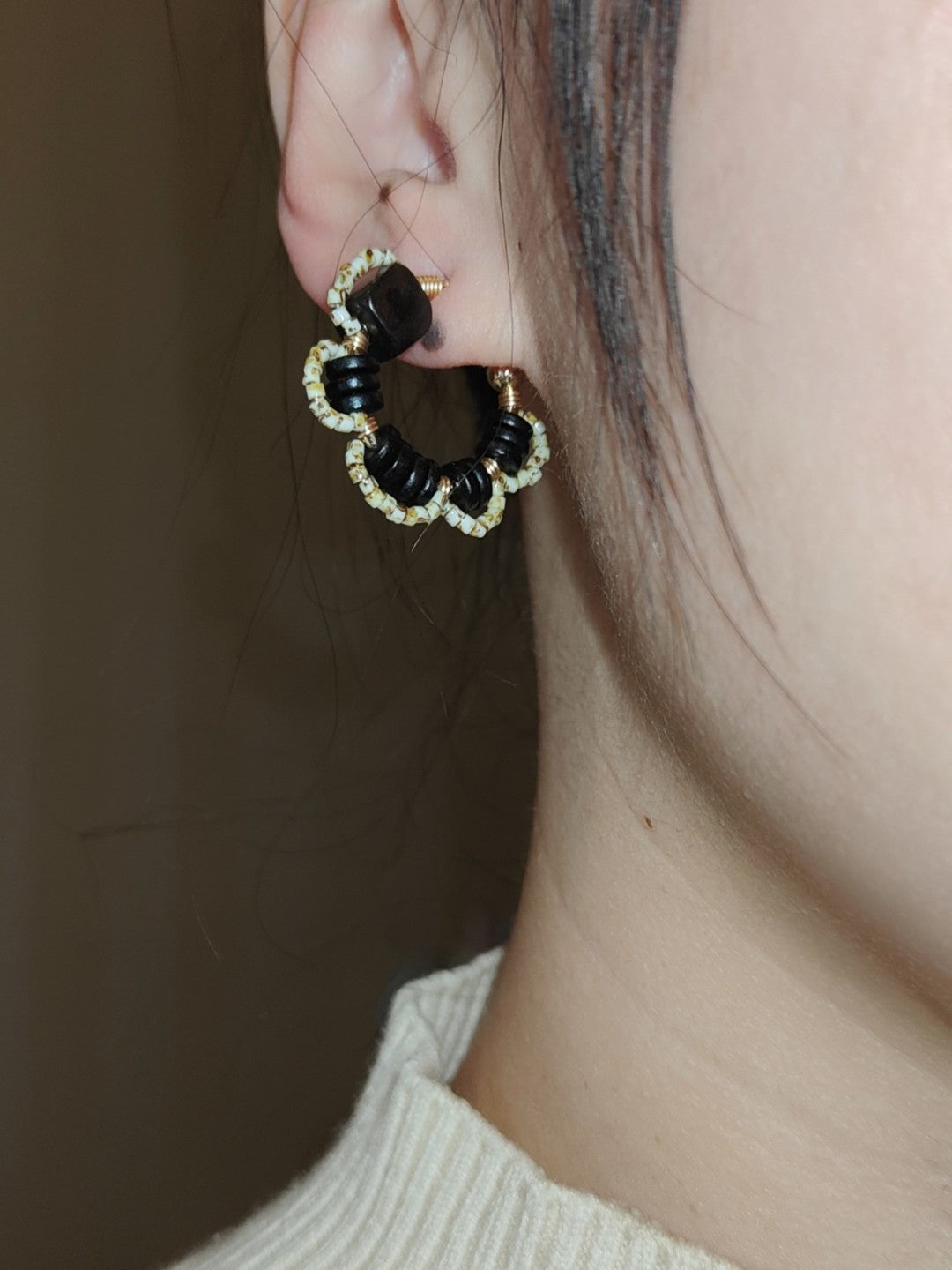 Sandalwood Flower Beaded Hoop Earrings
