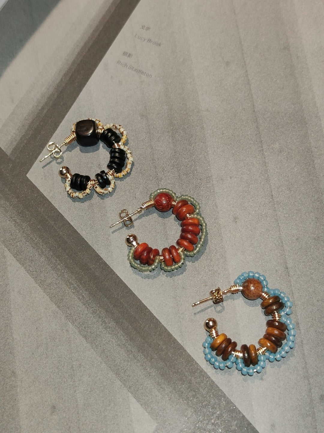 Sandalwood Flower Beaded Hoop Earrings