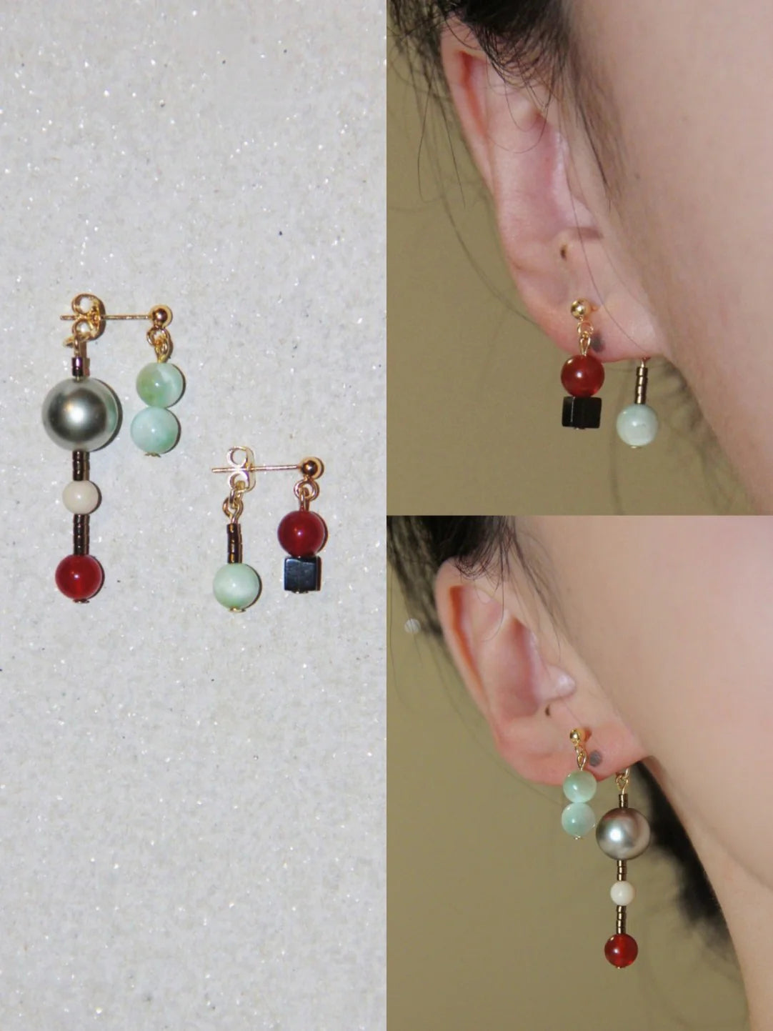 Red Agate Jade Pearl Asymmetry Drop Earrings