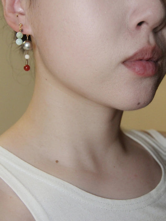 Red Agate Jade Pearl Asymmetry Drop Earrings