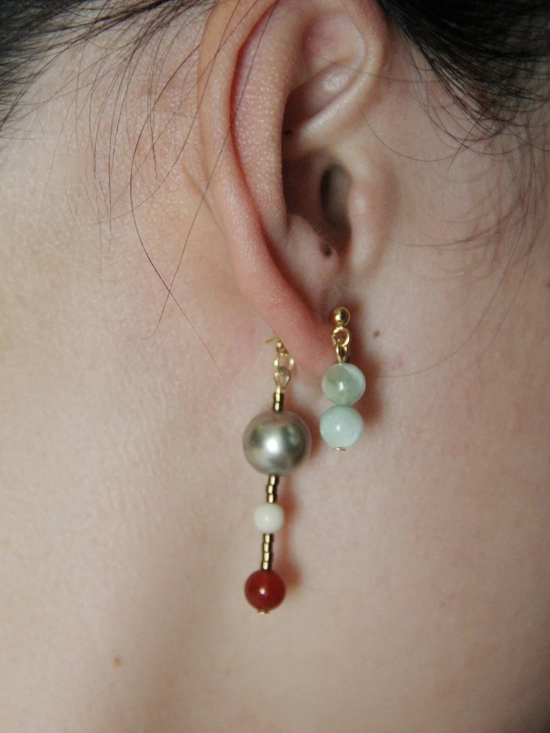 Red Agate Jade Pearl Asymmetry Drop Earrings